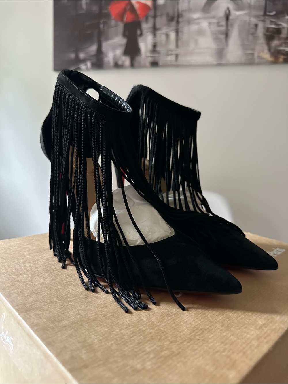 Christian Louboutin Black Suede Fringe Pointed Toe Stiletto Heels - Picture 2 of 12